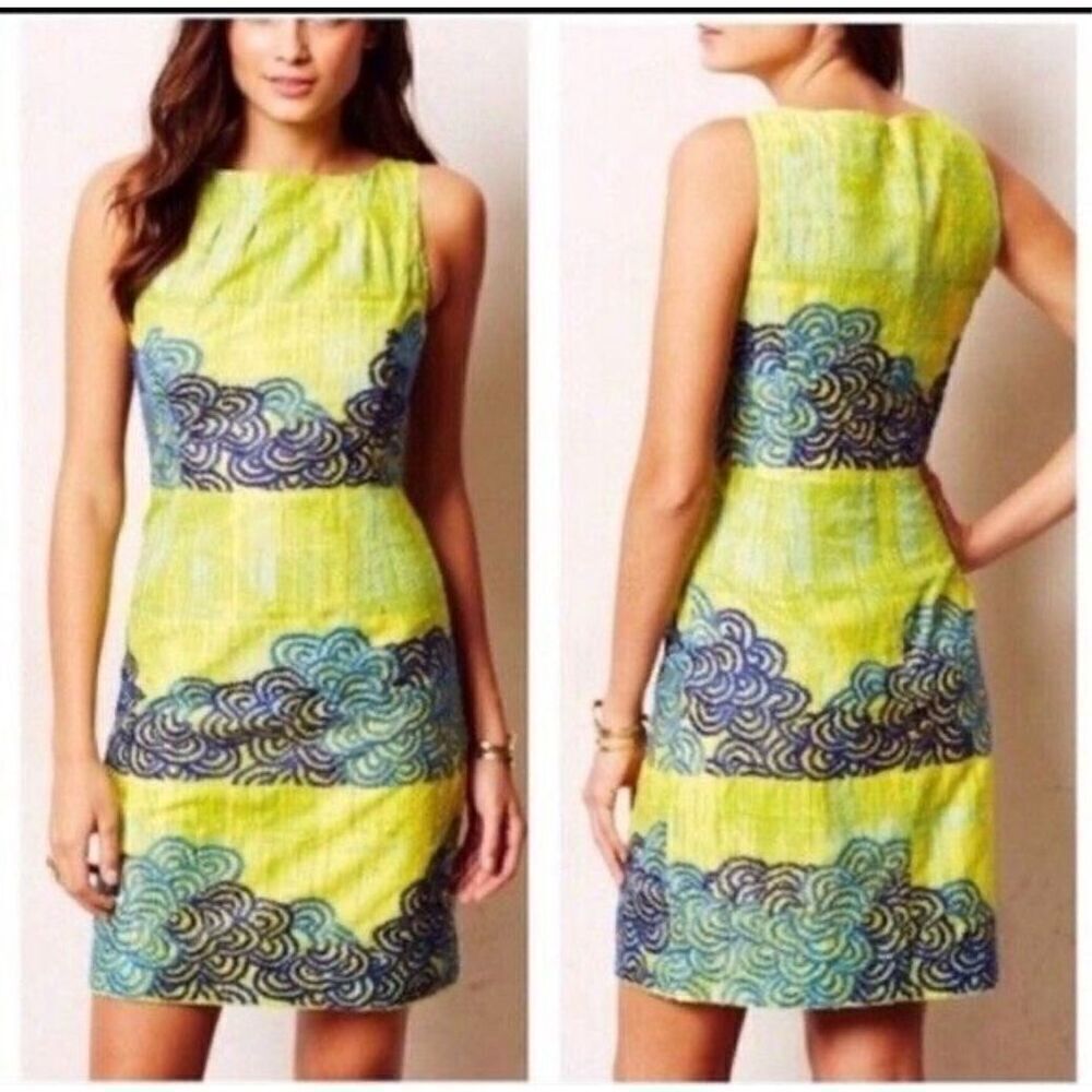 Anthropologie Tabitha Womens Dress Size 4 Azure Scroll Embroidered Sheath